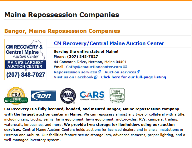 TajLong's tweet photo. Good Morning! Happy New Year to you! This morning, my Repossession Agency Spotlight is on: NEW!*CM RECOVERY 207-848-7027* a BANGOR, MAINE-based REPOSSESSION AGENCY and HOME of the CENTRAL MAINE AUTO AUCTION covering the ENTIRE STATE of MAINE  Taj Told You on the Repo Directory! https://t.co/RLrFm3shoK