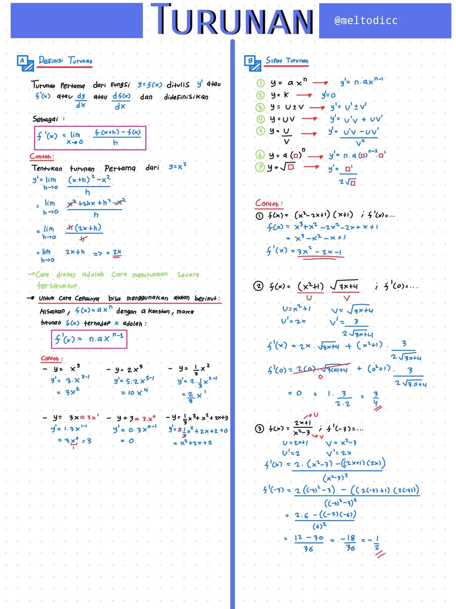 meltodicc's tweet photo. ✧.*|Turunan|*⁠.⁠✧

Ini adalah salah satu materi yang berkemungkinan muncul di PK PM, jadi ada baiknya dipahami dan  dipelajari✍️📔

*latihan soalnya adda di reply ya🤩✨⭐

{by : @meltodicc }
#studytwt #AMBISVERSE https://t.co/0emSZcLO7x
