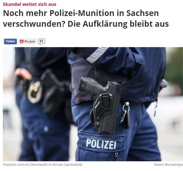 watch_union's tweet photo. Die #Polizei in #Sachsen vermisst 2,34 Tonne Munition.

Falls jemand die 180.000 Schuss findet, kann er/sie sich gerne bei der "Law and Order" Partei #CDU melden.
Seit Jahren herrscht das Chaos in der sächsischen Polizei. Kein #CDU-Innenminister war fähig dies zu regeln. https://t.co/9K0N0CvmDM