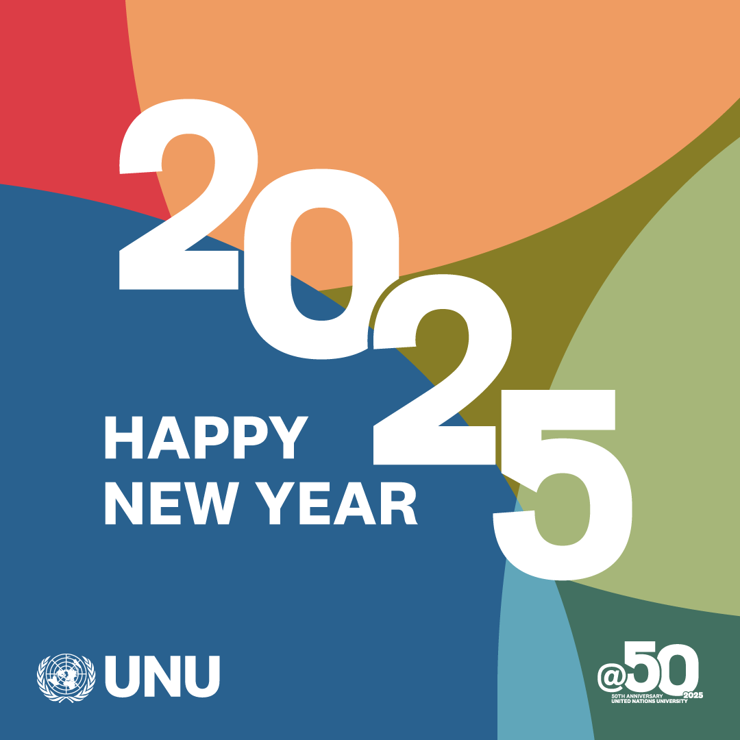 UNUniversity's tweet photo. Happy New Year from UNU!

As humanity undergoes unprecedentedly complex challenges, #NewYear2025 must be the year we stand together in unity.

2025 also marks UNU’s 50th year of operation. Stay tuned for exciting updates from us!

#UNUat50 #KnowledgeToTransformTheWorld https://t.co/3F40zICd3Y