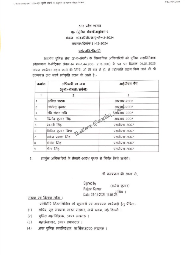UPTimesLive's tweet image. Lucknow : उत्तर प्रदेश सरकार ने 52 आईपीएस अफसरों को प्रमोशन का तोहफा दिया है। नोएडा की कमिश्नर लक्ष्मी सिंह समेत तीन अफसर एडीजी बनाए गए हैं।

@UPGovt #NewYear2025 #IPSPromotion