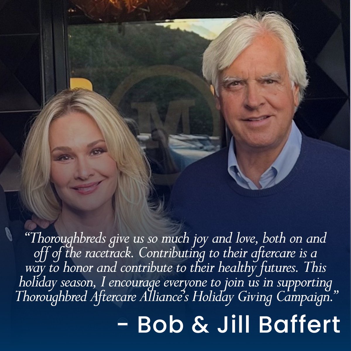 Thoroughbred Aftercare Alliance (@tbaftercare) on Twitter photo Double your impact this holiday season! On December 31, every dollar you give will be matched by Bob & Jill Baffert up to $15,000. Give the gift of a safe landing to retired Thoroughbreds!
To donate text HOLIDAY to 56651 or visit: thoroughbredaftercare.org/holidaygiving
<a href="/BobBaffert/">Bob Baffert</a> Double your impact this holiday season! On December 31, every dollar you give will be matched by Bob & Jill Baffert up to $15,000. Give the gift of a safe landing to retired Thoroughbreds!
To donate text HOLIDAY to 56651 or visit: thoroughbredaftercare.org/holidaygiving
<a href="/BobBaffert/">Bob Baffert</a>