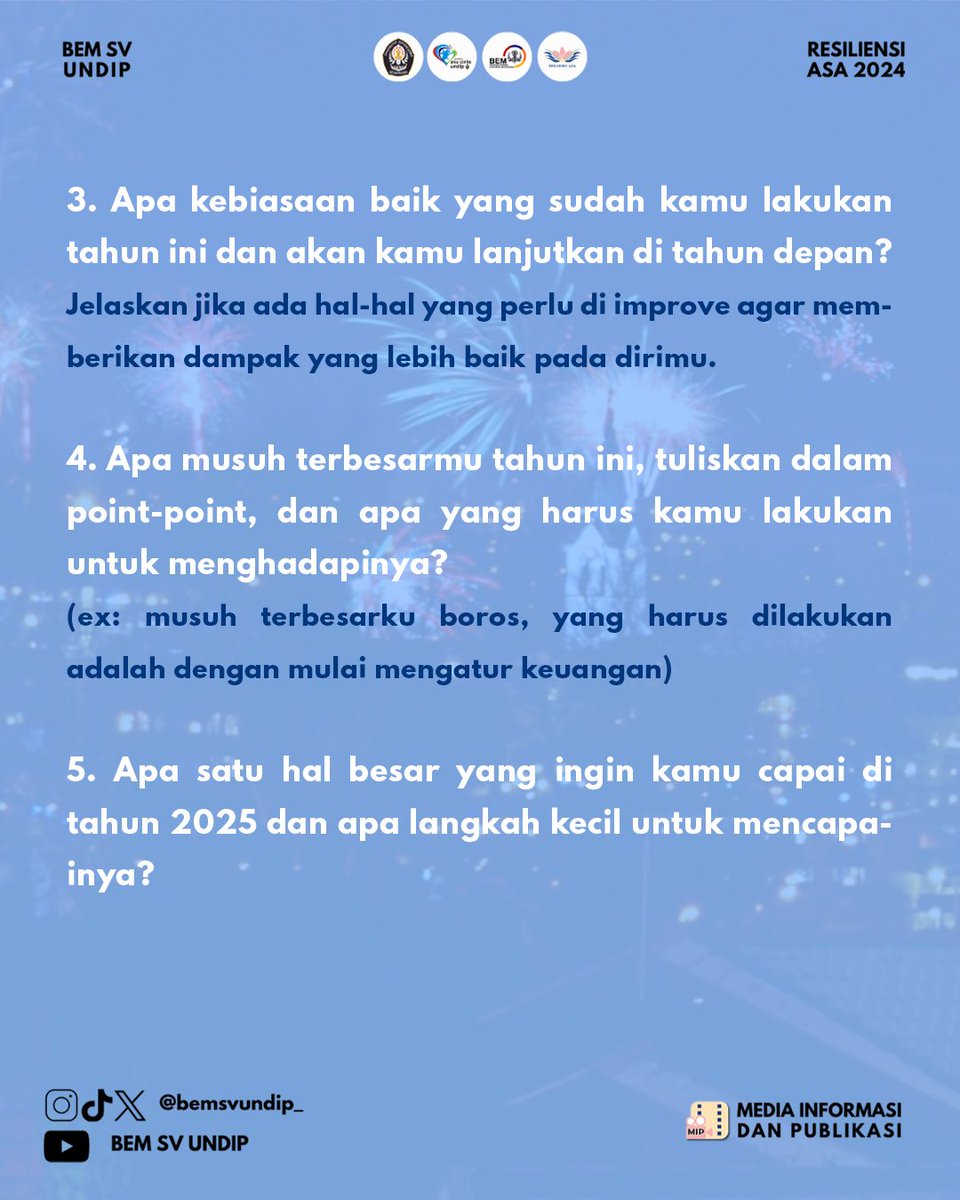 bemsvundip_'s tweet photo. [✨Welcome 2025✨]

Happy New Year voks!!🎉🎉

Saatnya kamu Glow Up di tahun 2025 ini dengan Vision Board, supaya kamu lebih semangat menggapai semua goals kamu di tahun ini! Jangan biarkan keraguan menghalangi langkahmu. Let’s make 2025 your year, Voks! 💪 https://t.co/ogGNGPDLTC