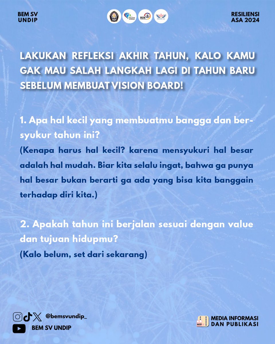 bemsvundip_'s tweet photo. [✨Welcome 2025✨]

Happy New Year voks!!🎉🎉

Saatnya kamu Glow Up di tahun 2025 ini dengan Vision Board, supaya kamu lebih semangat menggapai semua goals kamu di tahun ini! Jangan biarkan keraguan menghalangi langkahmu. Let’s make 2025 your year, Voks! 💪 https://t.co/ogGNGPDLTC