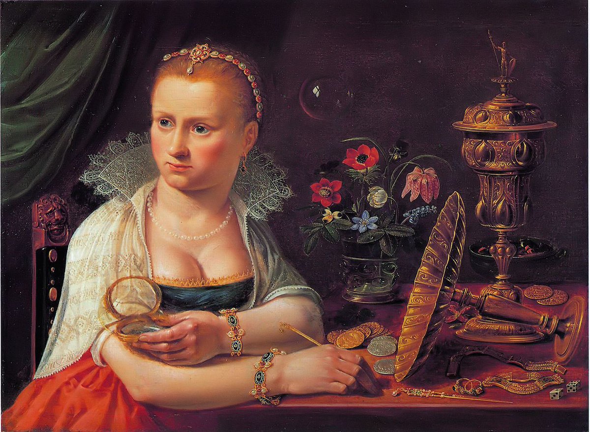 Today's artist w/out a (known) birthday: Clara Peeters of Antwerp &amp; Amsterdam. Here in 1618 with a collection of luxury goods, reminding us that they'd be vain &amp; fleeting (if she hadn't painted them).