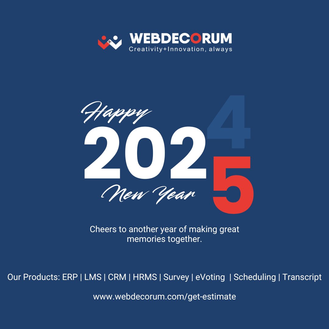 webdecorum's tweet image. ✨🎉 Cheers to a New Year 2025 from WebDecorum! 🎉✨

🌐 Visit us at webdecorum.com/get-estimate to learn more!

#HappyNewYear2025 #Optimumlogic #Webdecorum #Innovation #Technology #Growth #ERP #LMS #CRM #HRMS #BusinessSolutions #DigitalTransformation #NewYearGoals