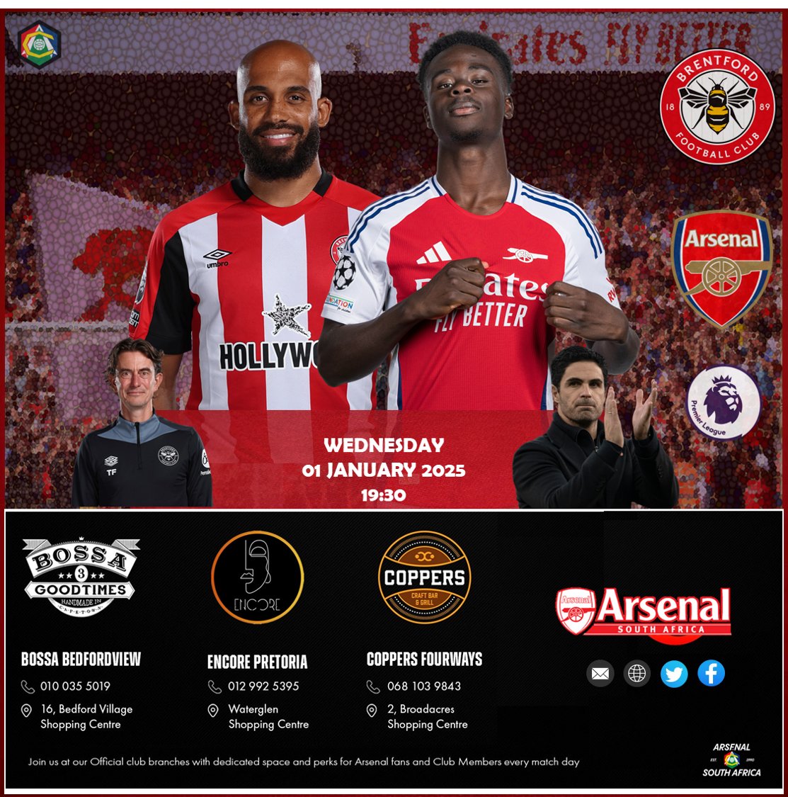 NextUp..we kick-off the new year with a trip to the Gtech Community Stadium for a clash against Brentford 

Don't forget to catch the game at the following <a href="/arsenalsa/">Arsenal South Africa</a> official branches to show support for <a href="/Arsenal/">Arsenal</a>

Coppers Craft Bar
Bossa Bedfordview
Encore Menlyn
#coyg #arsenal