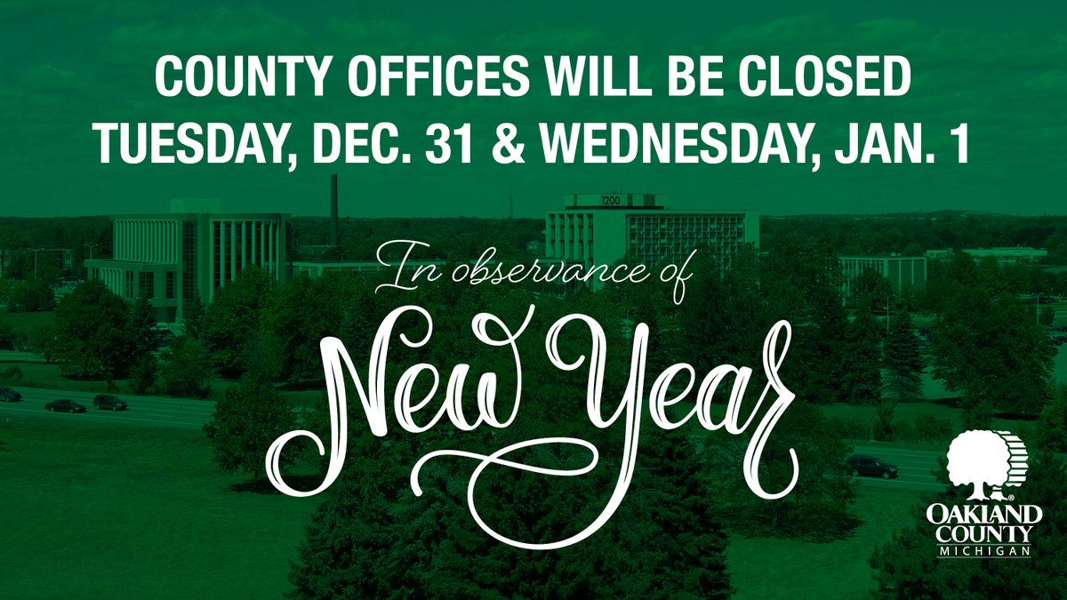 Oakland County Parks (@ocparksandrec) on Twitter photo The <a href="/OakGov/">Oakland County</a> offices -- including #OaklandCountyParks Administrative offices -- are closed today and tomorrow in observance of New Year's Eve and New Year's Day. The <a href="/OakGov/">Oakland County</a> offices -- including #OaklandCountyParks Administrative offices -- are closed today and tomorrow in observance of New Year's Eve and New Year's Day.