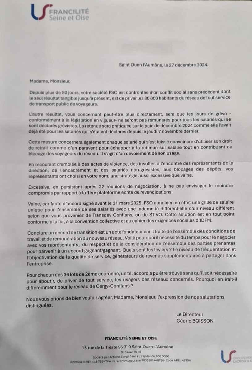 CelineMalaise's tweet image. 🚨🚌Depuis 56 jours, à 40 kilomètres de Paris, à Cergy et à Conflans, des chauffeurs de bus sont en grève contre des conditions de travail imposées par leur employeur FSO (Lacroix Savac).

Après avoir misé sur la stratégie du pourrissement, voici que leur employeur les menace.
⬇️