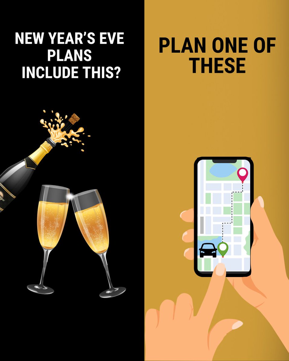 Planning to pop champagne for New Year's Eve? Plan your sober ride home:

⚫ Schedule a rideshare
⚫ Call a taxi
⚫ Have a sober friend drive you home

Drive Sober or Get Pulled Over.