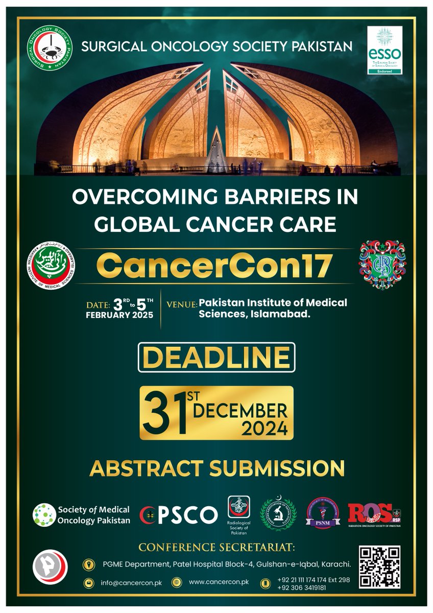 Young Surgeons Advisory Committee (YSAC) (@ysac_pk) on Twitter photo 🚨 Last Call for Abstract Submissions – <a href="/SOS_Pk/">Surgical Oncology Society Pakistan. SOSPK</a> #CancerCon17 🚨
📅 Midnight, 31st December 2024
🌐 cancercon.pk/call-for-abstr…
📅 03 – 05 Feb 2025
📍 PIMS, Islamabad
🎯 Overcoming Barriers to Global Cancer Care
Showcase your #CancerResearch in this #Multidisciplinary event 🚨 Last Call for Abstract Submissions – <a href="/SOS_Pk/">Surgical Oncology Society Pakistan. SOSPK</a> #CancerCon17 🚨
📅 Midnight, 31st December 2024
🌐 cancercon.pk/call-for-abstr…
📅 03 – 05 Feb 2025
📍 PIMS, Islamabad
🎯 Overcoming Barriers to Global Cancer Care
Showcase your #CancerResearch in this #Multidisciplinary event