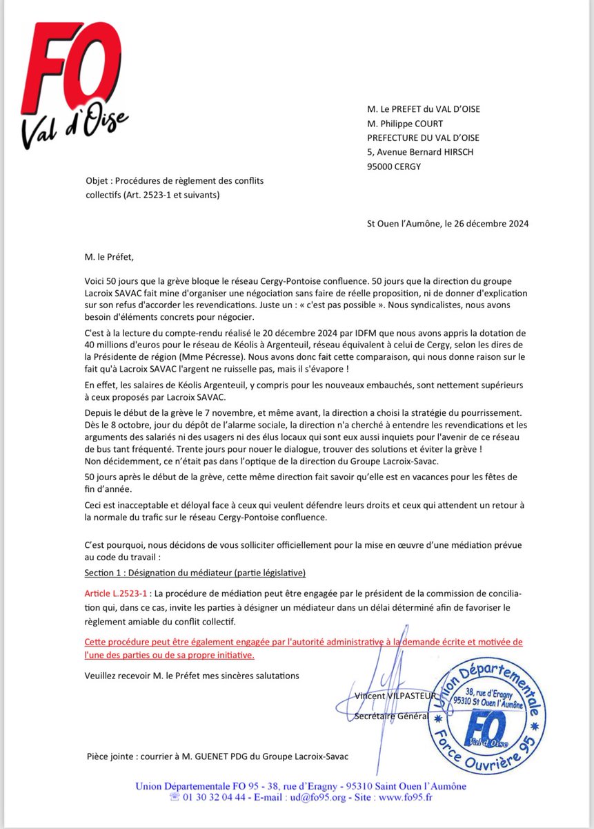 ✅ s’adresser <a href="/Prefet95/">Préfet du Val-d'Oise</a>  afin qu’il nomme un médiateur indépendant pour qu’une réelle négociation ait lieu avec un respect du droit et des travailleurs.