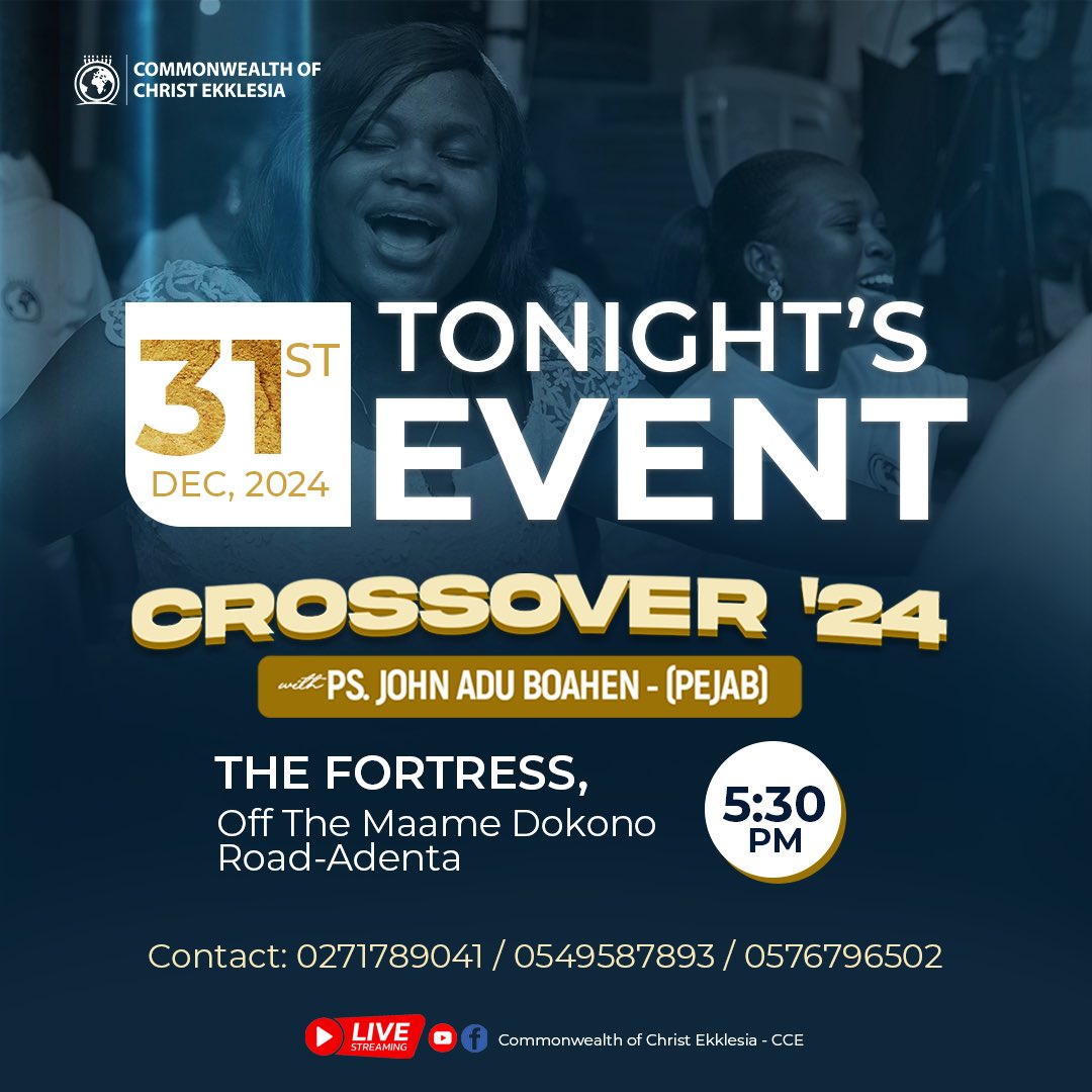 CC_Ekklesia's tweet photo. CROSSOVER TONIGHTπΉβ«οΈπΉ
Alas! 2024 don end! We cruise our way into 2οΈβ£0οΈβ£2οΈβ£5οΈβ£ tonight at exactly 5:30pm!
It's going to be lit at The Fortress, and you'd want to experience this with your family and friends!
See ya!
#Crossover24 #CountdownToCrossover
#CCECrossover #CCEExperience https://t.co/VnD5ssSdXB