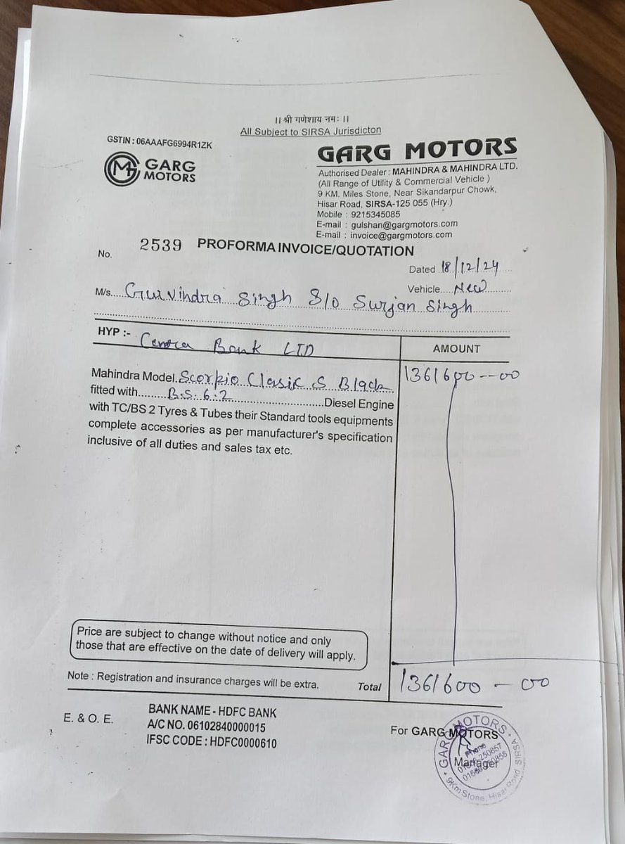 amitkumar7389's tweet photo. @anandmahindra @MahindraScorpio Dear Sir,  we have booked black scorpio at Garg Motor Sirsa HR on dated 16/12/24 but still we have not received any responce from the dealer, he says black color not in stock. Pls look into on urgent basis. 
Gurwinder - 8006027777 https://t.co/fDpoSjQZn7