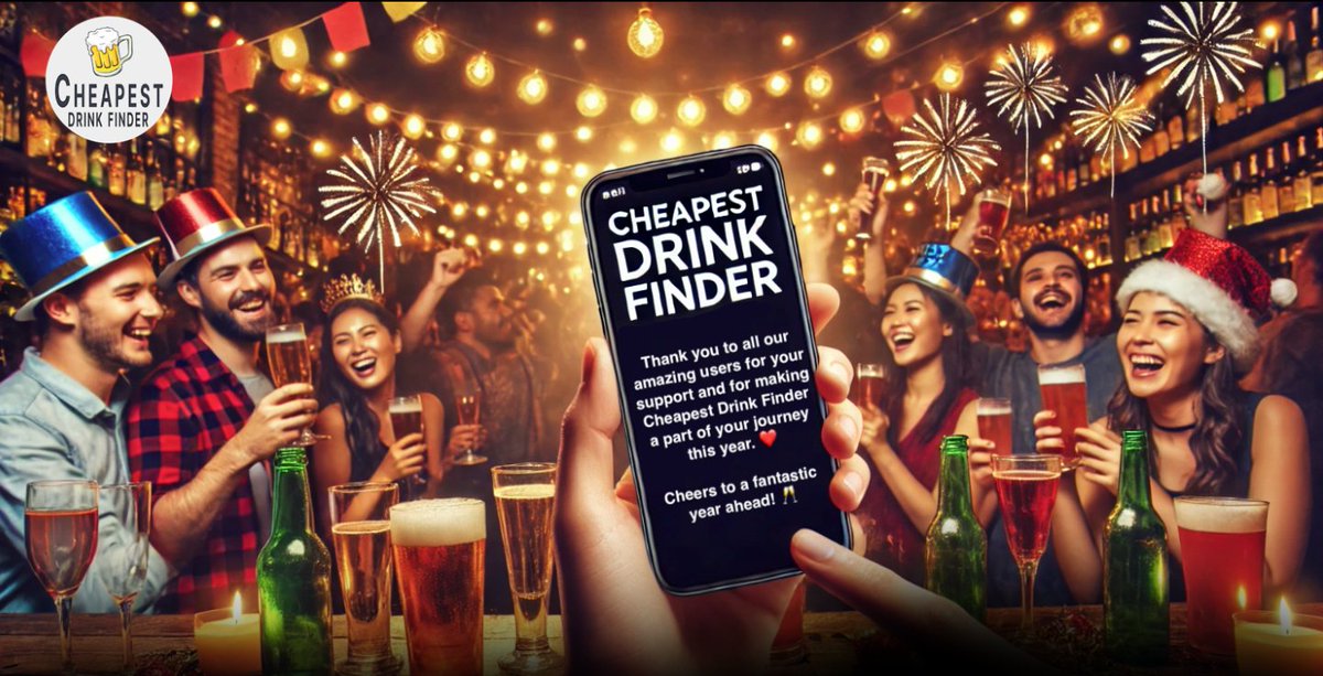 CheapestDrinkF's tweet photo. Happy New Year to all app users! 🎉

Start 2025 by saving money on your favorite drinks!
Use Cheapest Drink Finder to discover the best deals nearby.

📲 Download now:
- iOS: https://t.co/nvd1IC4kHF
- Android: https://t.co/E42Ea1M6mp

#SaveMoney #DrinkDeals #DrinkFinder https://t.co/dWtQn7yt4p