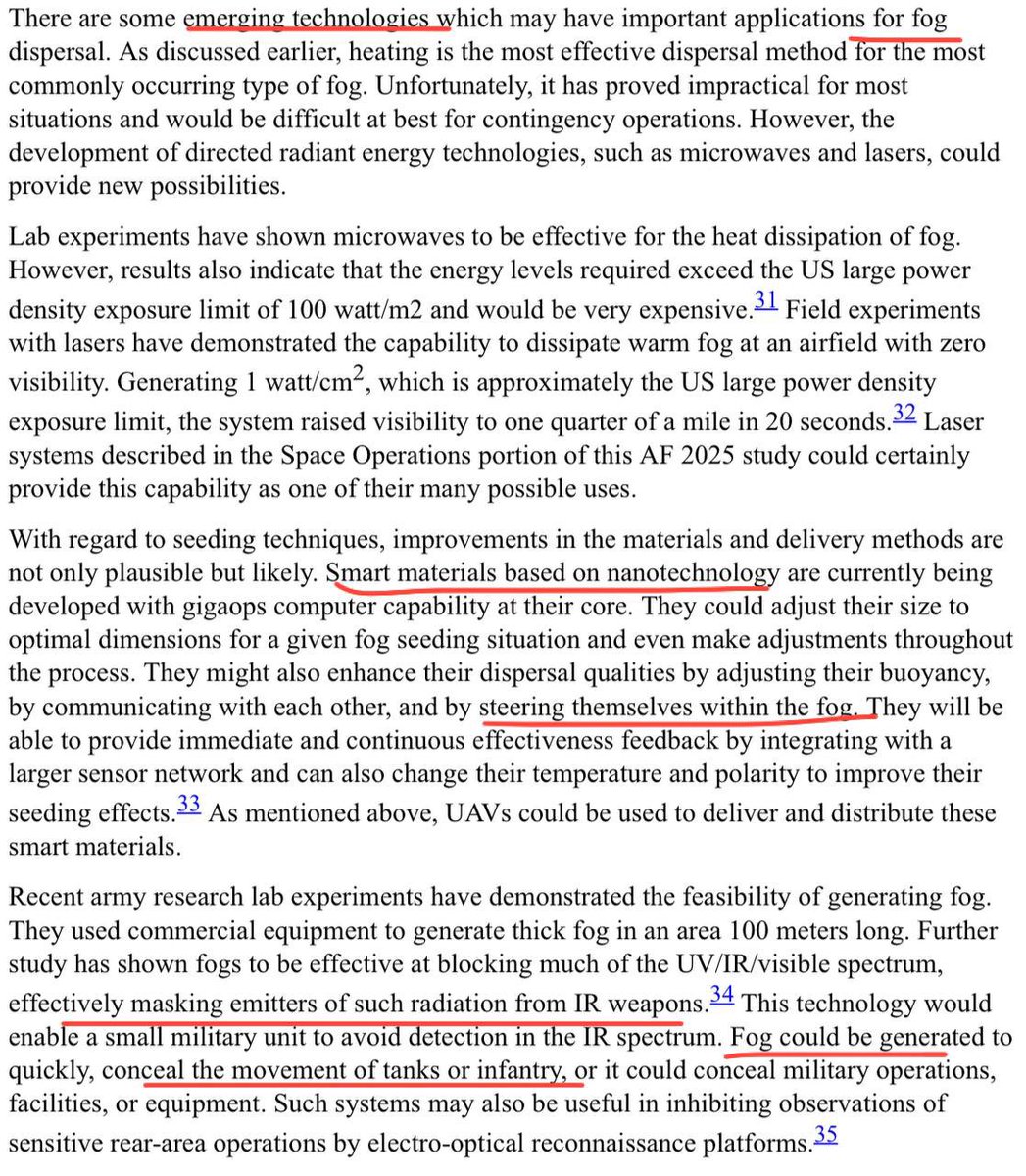 paintsaints's tweet photo. In regards to the “fog”, I found this document from “The Air Force 2025” Report that was published in 1999.

The site has been removed from the internet but I found it on The WayBack Machine. 

It discusses tiny nanoparticals that can be delivered through fog making them undetected. 

There are both defensive and offensive reasons why the military/government would disperse fog on purpose. Now we just need to figure out why they’re dispersing it now.

Link to document: https://t.co/LGHvjdbWNJ