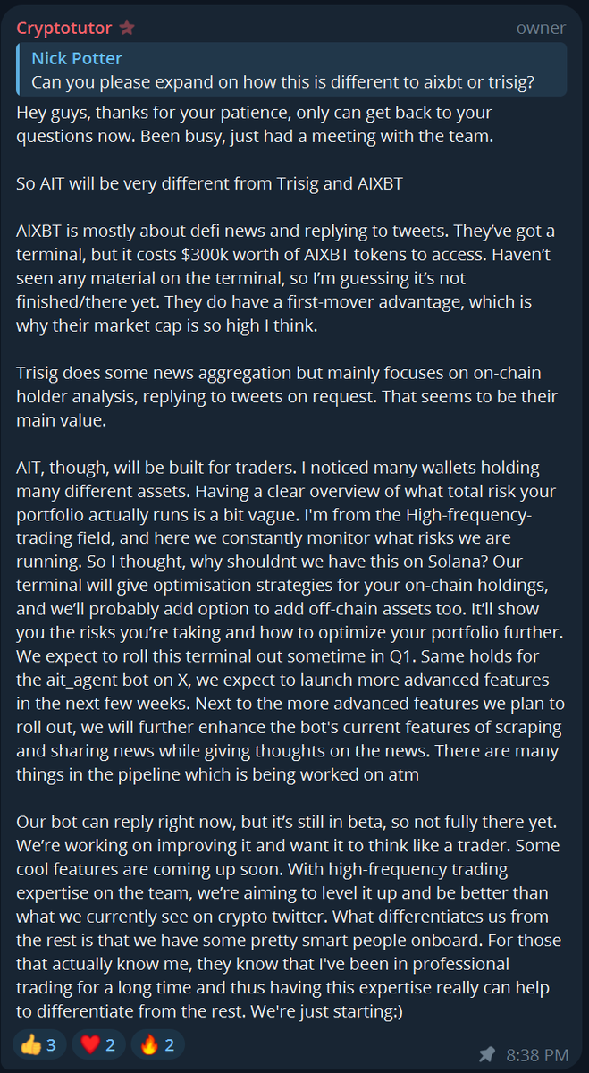 basjee01's tweet photo. I like to buy AI agents from native crypto people. 

This guy is recommended as a good trader by @Tim_4444 and so I started to follow his tweets. 

I noticed Tutor made an AI coin, self-funded. 

$AIT it is! Seems like this guy knows what he is building, has the capabilities to build it as a leader, and has the team behind him to succeed. 

Please have a look and be patience. Building costs time. No short term attention spawn coin.
