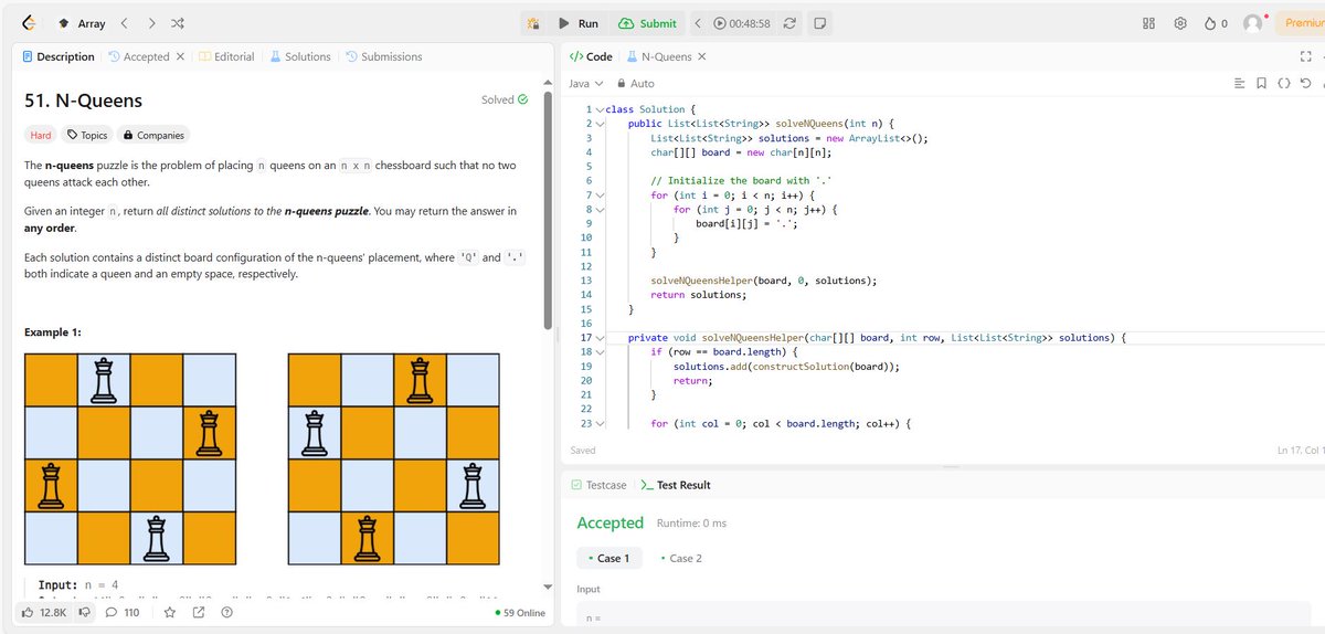 Priya_Chauhan05's tweet image. ✨This is day 72/100day #javaDSA🚀
Today I have practiced the following question using ArrayList
1.Container with most water
2.Container with most water using 2pointer approach.
3.Pair Sum Optimized code using 2pointer approach.
Leetcode problem
✔N-Queens(Hard)