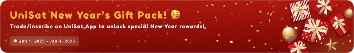 unisat_wallet's tweet image. 🎉 UniSat New Year’s Gift Pack! 🥳

2024 is on its way out and we're all set to welcome 2025 with open arms! Calling all traders and inscribers, we’ve got something exclusive for you this new year! 🔥

👉Get ready for over 5850 FB of UniSat Gift Pack rain from Jan 1, 2025 - Jan…