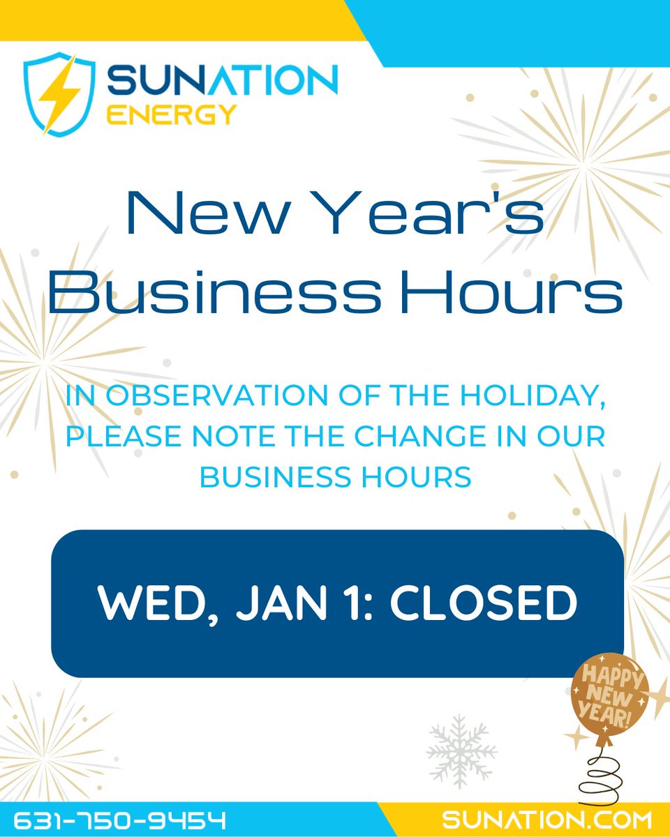 It's almost time to celebrate the new year!

In observation of the holiday, please note the change in our business hours. Our office will be closed Wednesday, Jan. 1st and we'll be back to our normal operating hours on Thursday.

#SUNation #NewYear #NewYearsEve #HolidayHours