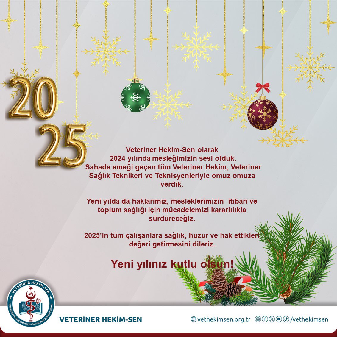 Veteriner Hekim-Sen olarak
2024 yılında mesleğimizin sesi olduk.
Sahada emeği geçen tüm Veteriner Hekim, Veteriner Sağlık Teknikeri ve Teknisyenleriyle omuz omuza verdik.

Yeni yılda da haklarımız, mesleklerimizin  itibarı ve toplum sağlığı için mücadelemizi kararlılıkla