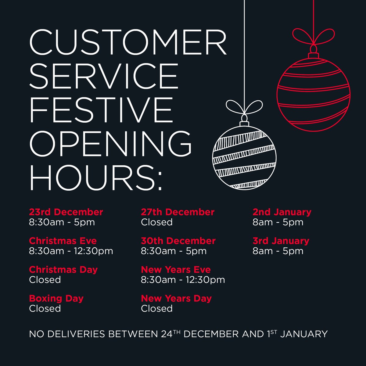 Just a reminder that our customer service opening hours have changed slightly over the festive season to let the Gledhill elves take a little festive break. 🎄

If you need to contact us, these are our festive opening hours.

#gledhillgroup #christmasopeningtimes