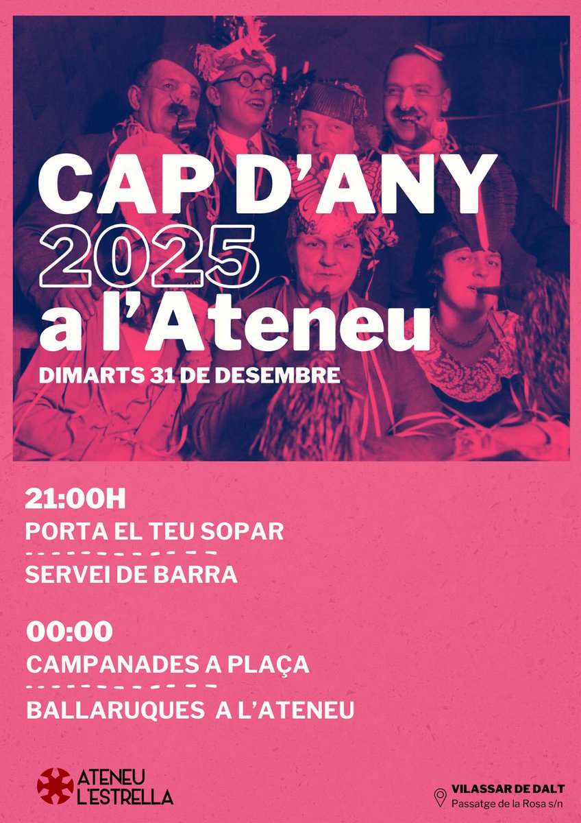 ✨Estimades, l'any s'acaba i per celebrar-ho l'ateneu obre les portes de les 21:00h fins a les 4:00h de la matinada; per sopar, fer les campanades i acabar de celebrar l'any amb festivitat!

La barra estarà oberta, i oferim:
🍇🥂Paperina de raïm + consumició 3€