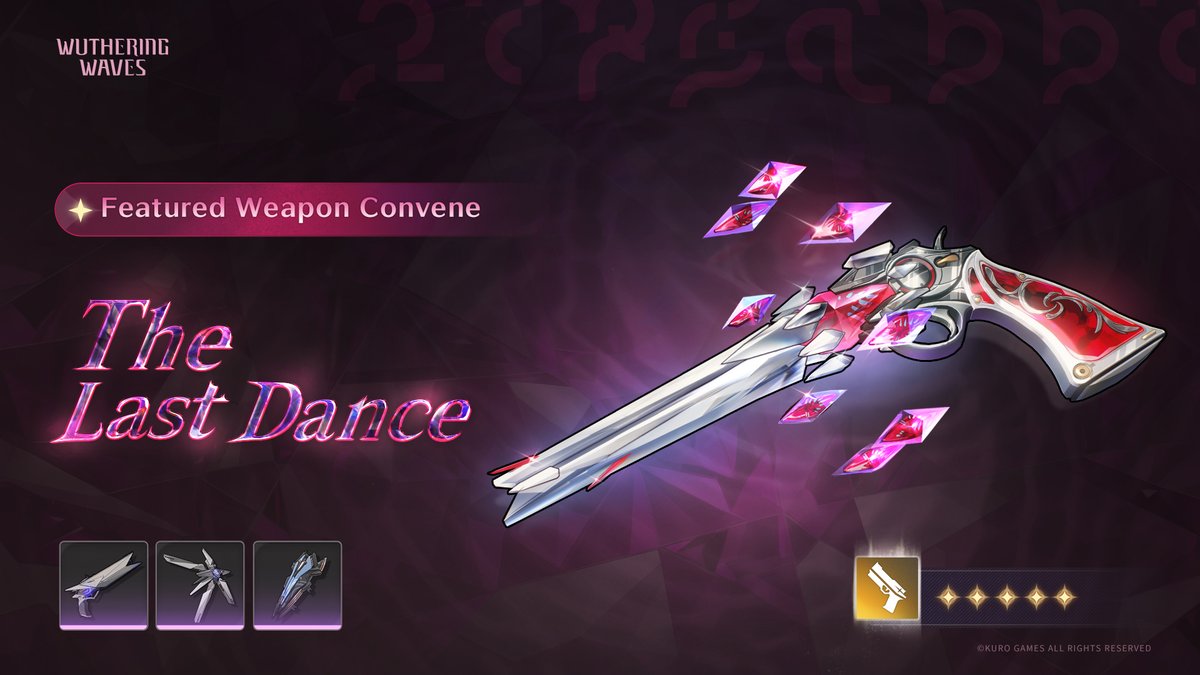 Wuthering_Waves's tweet photo. [Absolute Pulsation] Featured Weapon Convene: Boosted Drop Rate for The Last Dance
During the event, 5-Star Weapon: The Last Dance, 4-Star Weapons: Relativistic Jet, Fusion Accretion, and Amity Accord receive boosted drop rates!

✦Duration✦
Version 2.0 update - 2025-01-23 09:59 (server time)

✦Eligibility✦
Reach Union Level 8 or complete the combat trial in "First Resonance" and activate Convene function.

✦Convene Rules✦
- [Absolute Pulsation] is a Featured Weapon Convene event.
- Use Forging Tide to convene. You are guaranteed at least one 4-Star or higher rarity Resonator or Weapon every 10 attempts.
- The guarantee count is shared among all Featured Weapon Convene events and is carried over until a 5-Star Weapon is obtained.
- The 5-Star Weapon you Convene is guaranteed to be The Last Dance.
- Featured Weapon The Last Dance is exclusive to the Featured Weapon Convene and will not be available by other means once the event ends.

※For more details, please refer to the Convene screen in-game.
#WutheringWaves
