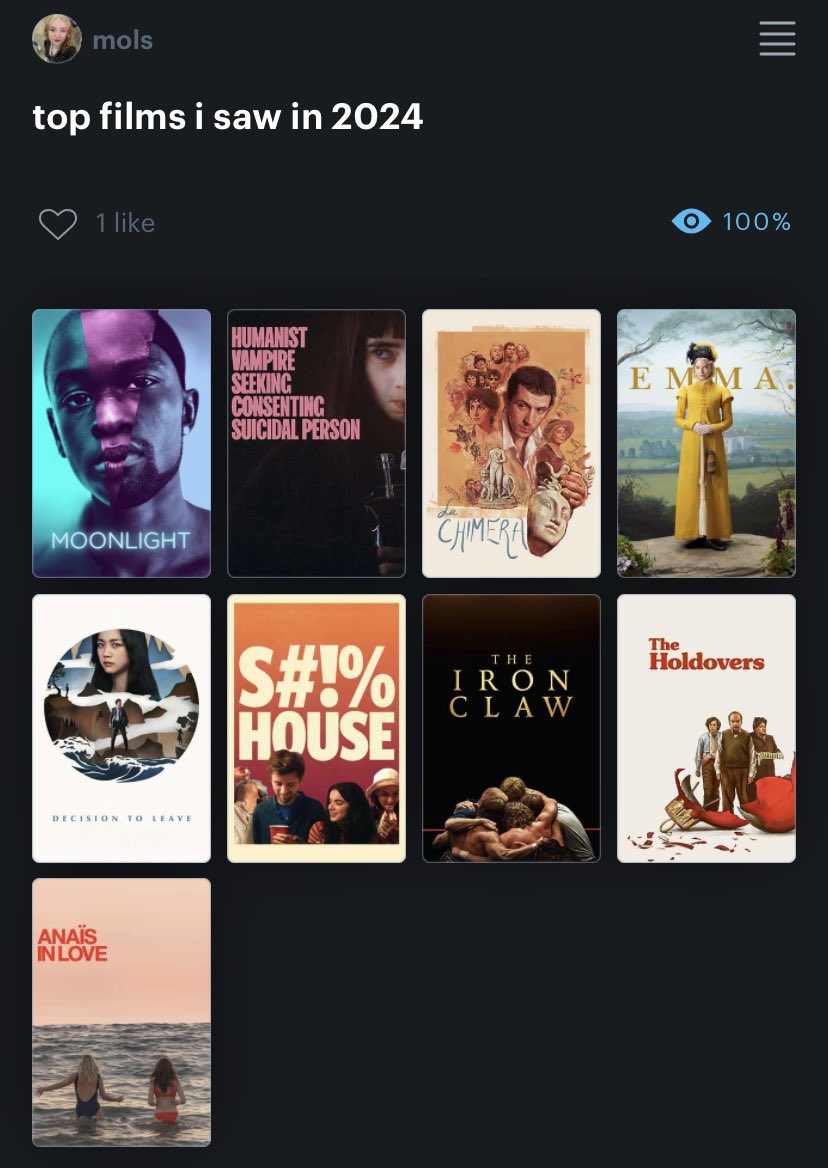 my favourite films of 2024. 

at number one…✨🌕Moonlight 🌑✨. 
have genuinely thought about it EVERY day since i saw it.

but of 2024 releases… Anora. 

ngl the new monkey Robbie Williams film almost made it but was a little too fresh. what a hoot though. 

happy NYE x
