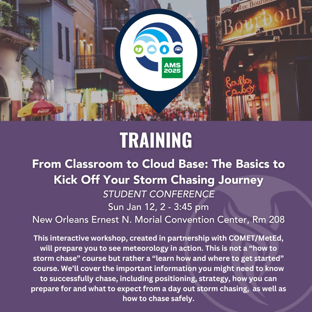 Transition from the classroom to cloud-based learning at #AMSStudent2025!

Gain invaluable insights on how to apply your textbook knowledge to the real-world experience of observing supercells or tornadoes from the experts, @girlswhochase &amp; @cometmeted🌪️: bit.ly/4gNxIDK