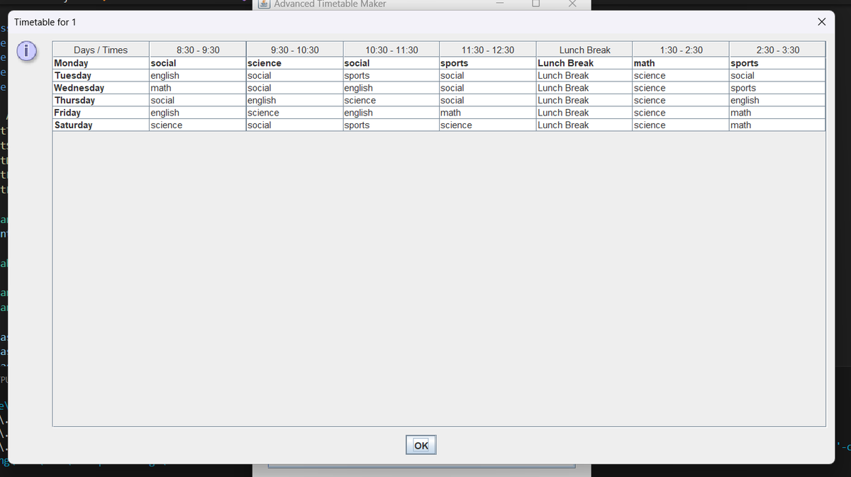 Griffinxzoro's tweet photo. Hey there #Nexovates!!

Day 3️⃣ of #100DaysOfCode: Built my Advanced Timetable Maker in Java! 🗓️✨

It generates optimized, clash-free schedules for teachers—simplifying planning! 🚀

@ThePracticalDev @CodeNewbies @hashnode
#Java #AI #DevCommunity #CodingJourney https://t.co/jlV4V6MXrQ