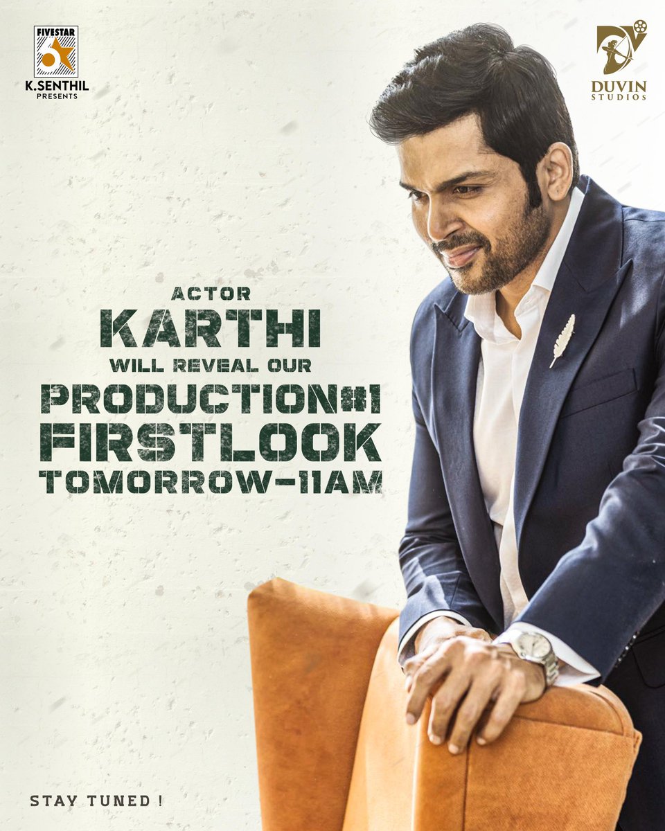 kayaldevaraj's tweet photo. Mr. Versatile @karthi_offl to unveil our first look and title of #productionno1 produced by #DuvinStudios and presented by Five Star #KSenthil @5starsenthilk

#MrVersatileKarthi #SSR19 @onlynikil https://t.co/xtJ5nBRZr1