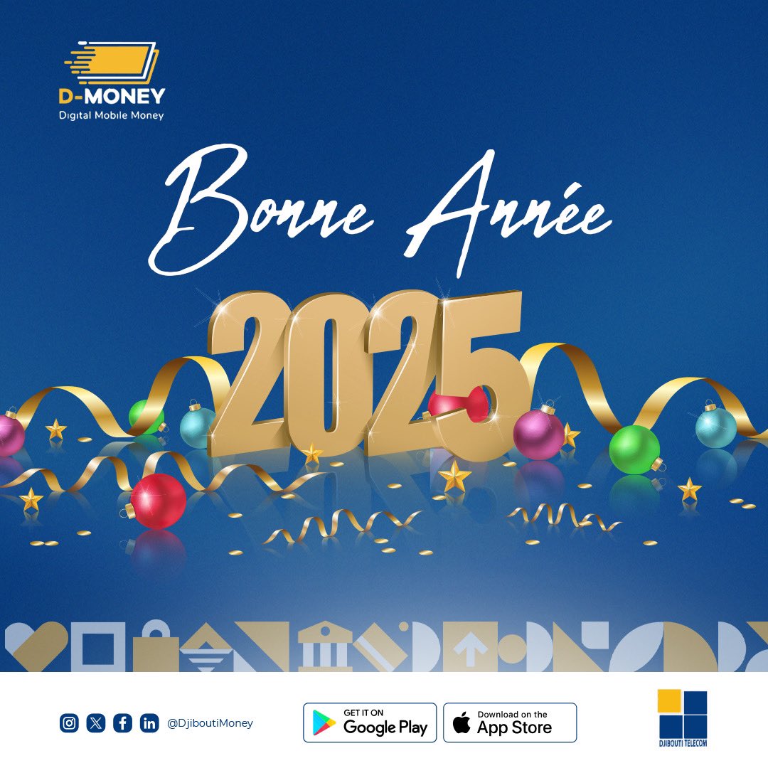 Bonne année 2025 ! 🎉
 Toute l’équipe de D-Money vous souhaite une année remplie de réussite et de prospérité. ✨
 Que 2025 soit une année pleine de succès, de bonheur et d’innovation pour tous.
 Continuons à grandir ensemble avec nos services innovants. 📲