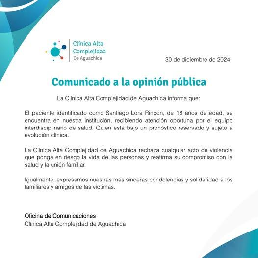 CnpInforma's tweet photo. #Comunicado | La @GClinicaMedicos entregó un comunicado a la opinión pública sobre el estado de salud de Santiago Lora Rincón, hijo de la familia de pastores y único sobreviviente del ataque sicarial ocurrido el pasado 29 de diciembre. https://t.co/mihx7lNvUT