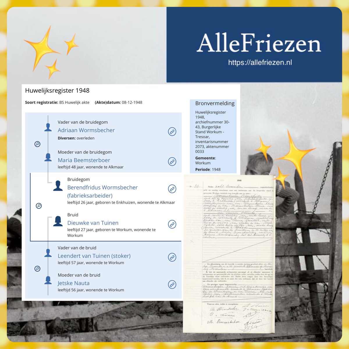 Met grote dank aan onze invoerders! 
De laatste aanvulling op AlleFriezen.nl dit jaar:
De huwelijksakten Workum 1948,  en  de overlijdensakten van Heerenveen 1968, Dokkum 1969 en 1971, Smallingerland 1970. #stamboomonderzoek #genealogie