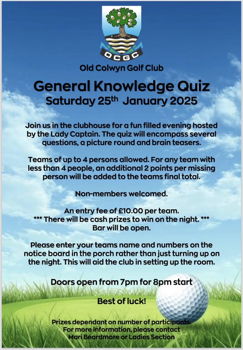 🚨QUIZ TIME 🚨

Our Lady Captain will be hosting our first quiz of the year on Saturday 25th January.

Come and test out your knowledge as we see whether “dry Jan” makes you more intelligent! 🧠

We hope to see as many regular faces as possible!