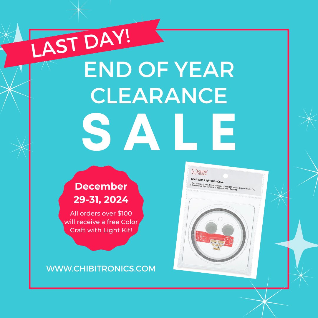 chibitronics's tweet image. 🎁Last Day for Free Gift! 🎁

All purchases over $100 (not including shipping) are eligible to receive a free Craft with Light Kit- Color (a retail value of $20)!  Simply add it to your cart before check-out! chibitronics.com/2024/12/30/fre…
#chibitronics #papercircuit #craftwithlight