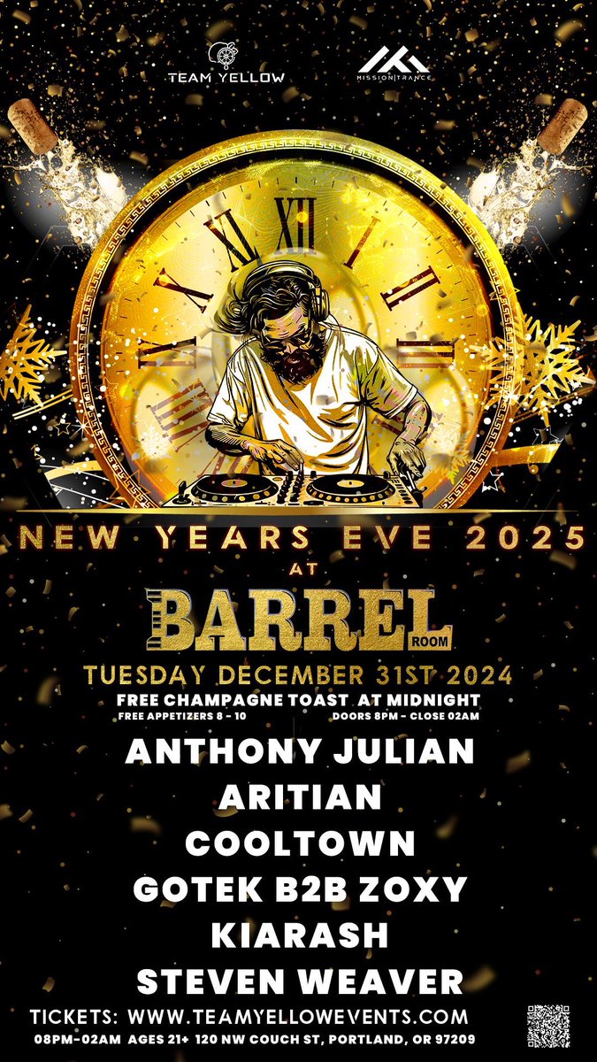 🍋💙 TONIGHT: Team Yellow x Mission Trance NYE 2025
📍 Barrel Room | ⏰ Doors 8 PM
🎧 House, Techno, Trance, Psy, 138
🍾 Champagne Toast @ Midnight | 🥟 Free Apps 8–10 PM
🎟️ $40 Cash/$45 Card
🥂 Theme: 2025 | 🕺 Suit &amp; Tie
#TeamYellow #BarrelRoom