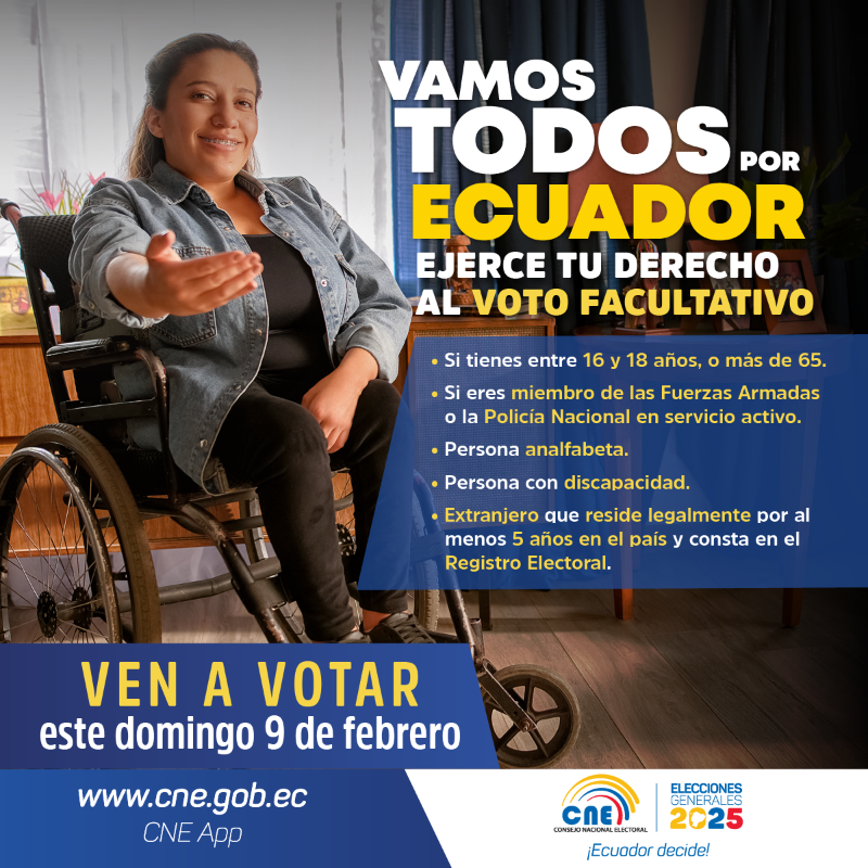 cnegobec's tweet photo. 📌¡Presta atención! 

🗳️Tienes derecho al voto facultativo.

¡Tu participación es importante! El domingo 9 de febrero, acude a sufragar.💪

#EcuadorVotaInformado✅ #Elecciones2025Ec https://t.co/sLm8uwsi9Y