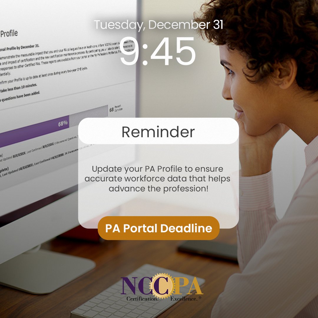 PAs, tonight's the deadline! Update your PA Profile to ensure accurate workforce data that helps advance the profession! Why is completing your PA Profile is important? 
#PAProfile #NCCPA #PA-C
nccpacc.us.newsweaver.com/nccpa-news/1hg…