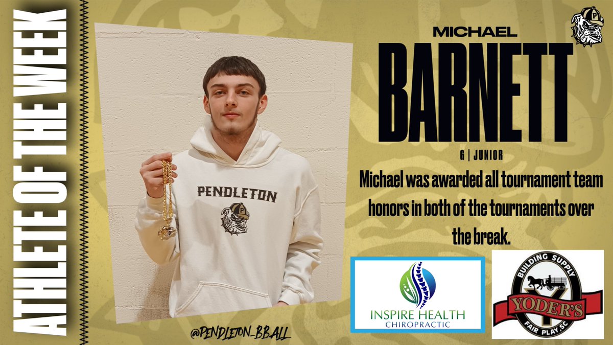 Bulldogs Basketball (@pendleton_bball) on Twitter photo Congratulations to Michael Barnett. He is our Yoder Building Supply and Inspire Health Chiropractic "Player of the Week". Congratulations to Michael Barnett. He is our Yoder Building Supply and Inspire Health Chiropractic "Player of the Week".