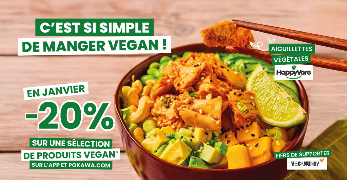 Veganuary est de retour 🌱

Pour l'occasion, bénéficie de -20% sur une sélection de produits vegan pendant le mois de janvier ! 🥰

RDV sur Pokawa.com ou sur notre Pokaw'App pour te régaler ! 👉🏻pokawa.page.link/app