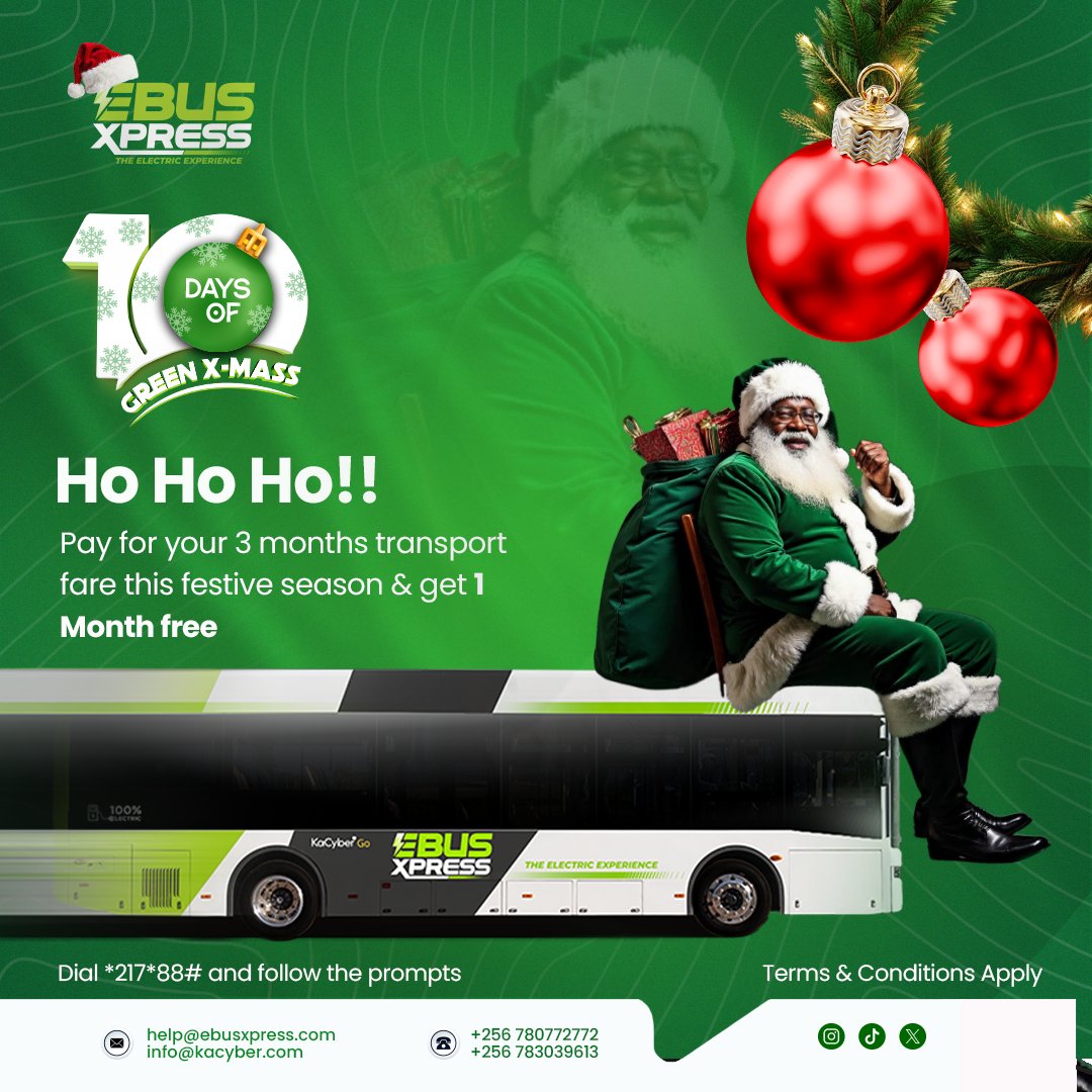 ❗Few hours to go ❗

Pay for your 3 months #EBusXpress fare &amp; get 1 month FREE.

Offer valid until midnight.

Terms &amp; conditions apply. #eMobilityUG #10DaysOfGreenXmas