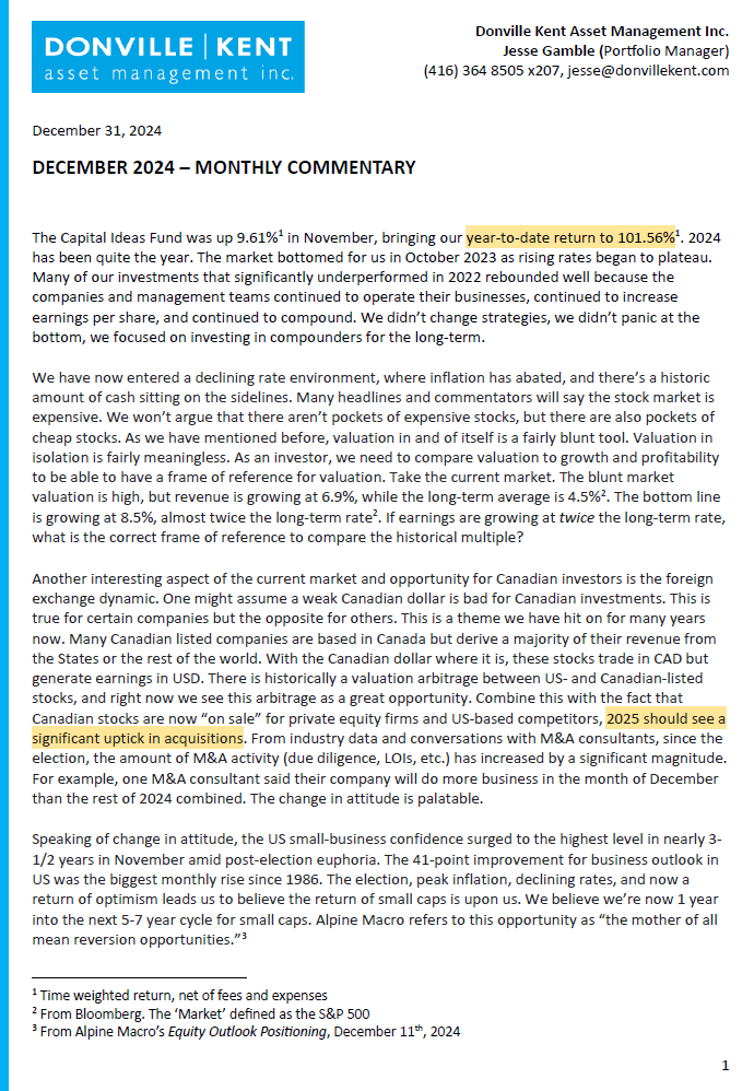 adrivalue's tweet image. Donville Kent on 🇨🇦 Small Caps: 

&quot;2025 should see a significant uptick in [🇨🇦] acquisitions (...) since the election, the amount of M&amp;amp;A activity has increased by a significant magnitude&quot;.

P.S.: Happy old year! (There are still a few hours left, enjoy the good old 2024 lol) 🍾