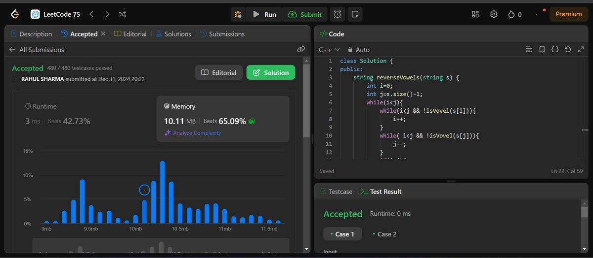 rahulsharm_129's tweet image. 🚀 Day 88 of my #100DaysOfCodingChallenge 🚀
Today, I tackled the LeetCode problem: Reverse Vowels of a String 🔄🔡.
#100DaysOfCode #Day88 #LeetCode #StringManipulation #ProblemSolving #CodingJourney