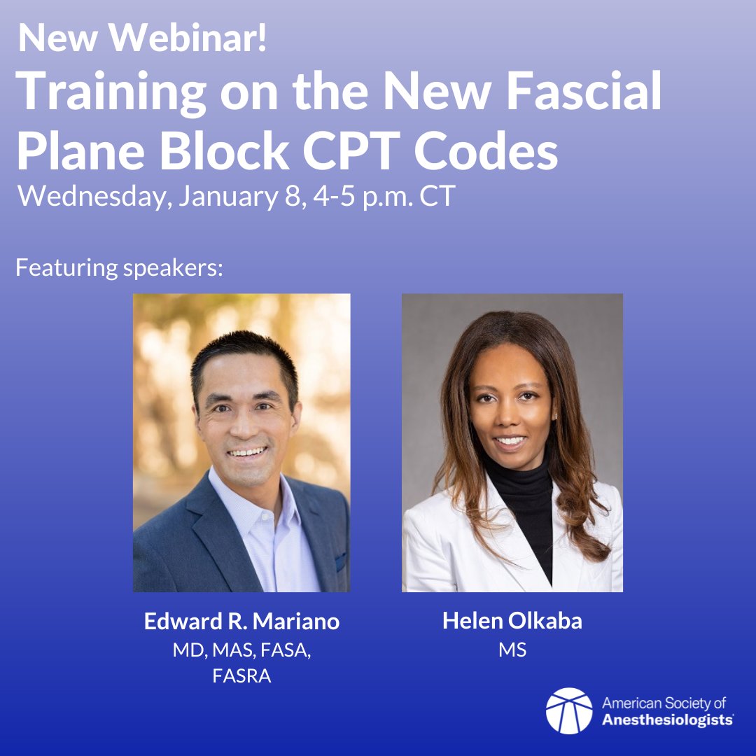 ASALifeline's tweet image. Learn to use the six new fascial plane block CPT codes coming into effect on January 1. Two experts in #AnesthesiaCoding will walk through practical recommendations and answer audience members' questions to help you optimize practice billing. Register now: ow.ly/qRLX50UqYf2