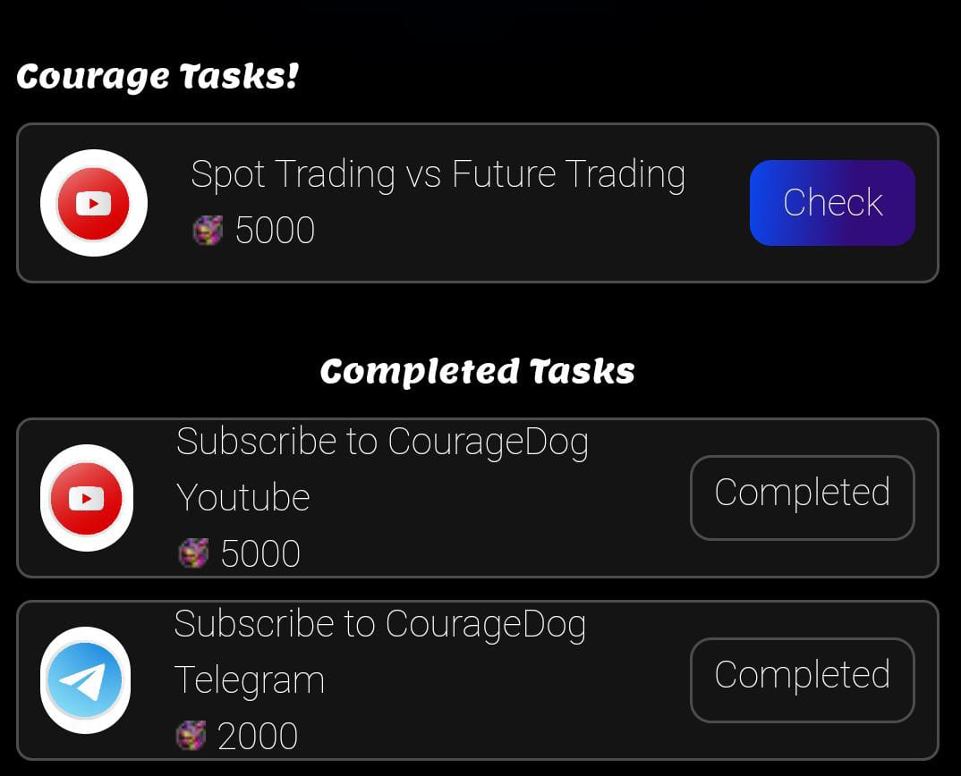 🚨 **Announcement** 🚨

Hey Farmers! 

We have an exciting news! A new task has been added in t.me/couragedogbot 🐾. Go check it out and complete the task to earn an extra 5,000 points! 

Don’t miss out on this opportunity to boost your score. Let’s get to it!

Happy