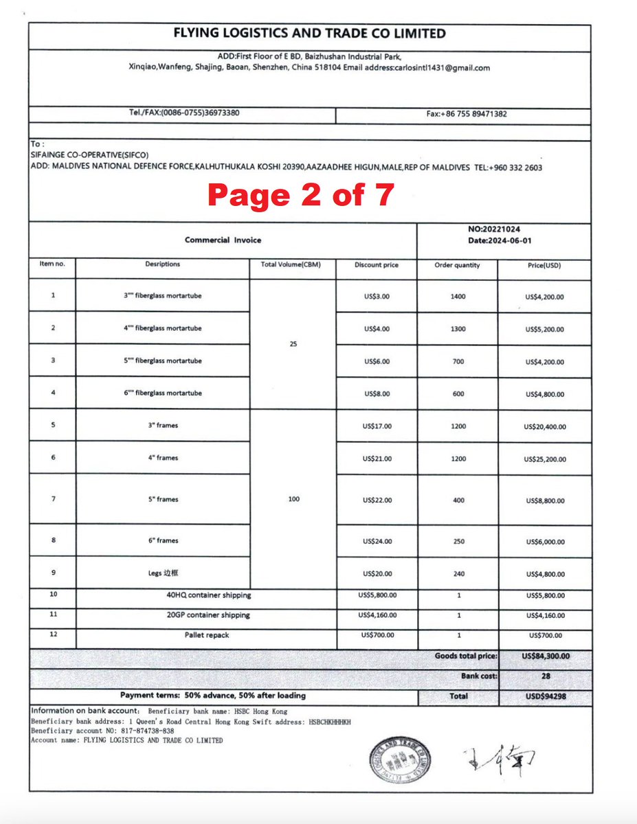 HKurusee's tweet photo. ‼️🚨Breaking News 1/2

This is the last breaking for 2024.

Total 7 pages (invoices).

MNDF have bought 7.3 million MVR (474,473 USD) worth of fireworks in the the last 30 days, the price heavily inflated. Most of these fireworks are readily available in shops in Europe at 60% cheaper, where anyone can buy & use. I'm told that this is a huge scandal by a few officials in MNDF, which is very damaging for whole MNDF's reputation.

We Maldivians want MNDF to protect our sovereignty, sea borders, stop illegal trafficking etc, not engage in fireworks and parties.

They have monopolised this activity, making it look like it's something only MNDF can do, but in many other countries ordinary citizens and private companies are allowed to do fireworks on their own, buy it from shops. This is a huge business they have taken away from ordinary people and private sector, using "security and safety" as an excuse.

I'm also told MNDF are offering discounts for people related to them. This is a serious allegation. MNDF should disclose all their books immediately. They have been doing this secretly for a long time now. We taxpayers have a right to know what they are doing using their cooperative society as a cover.

@ACC_Maldives @Dhaurunews @DhiyavaruNews @raajjemv @Mihaarunews @AdhadhuMV 

Page 1, 2, 3, 4 (out of 7)