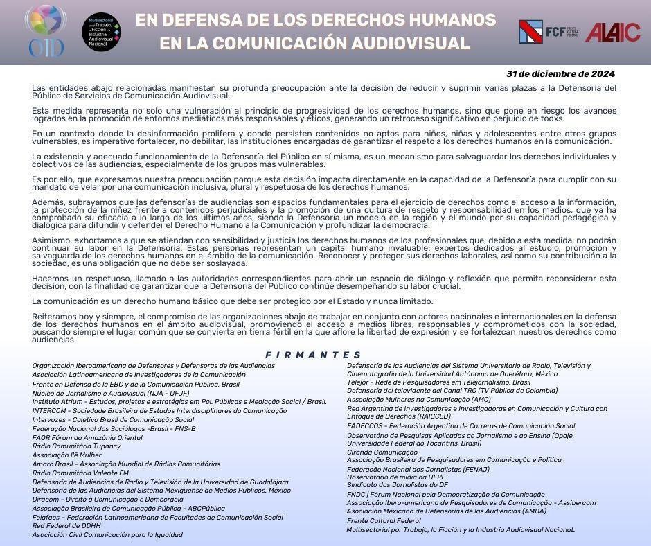 A propósito de la decisión de las autoridades argentinas de minimizar a la <a href="/DefdelPublico/">Defensoría del Público</a>, suscribimos este posicionamiento en favor de los #DerechosHumanos de la comunicación ¡Súmate!