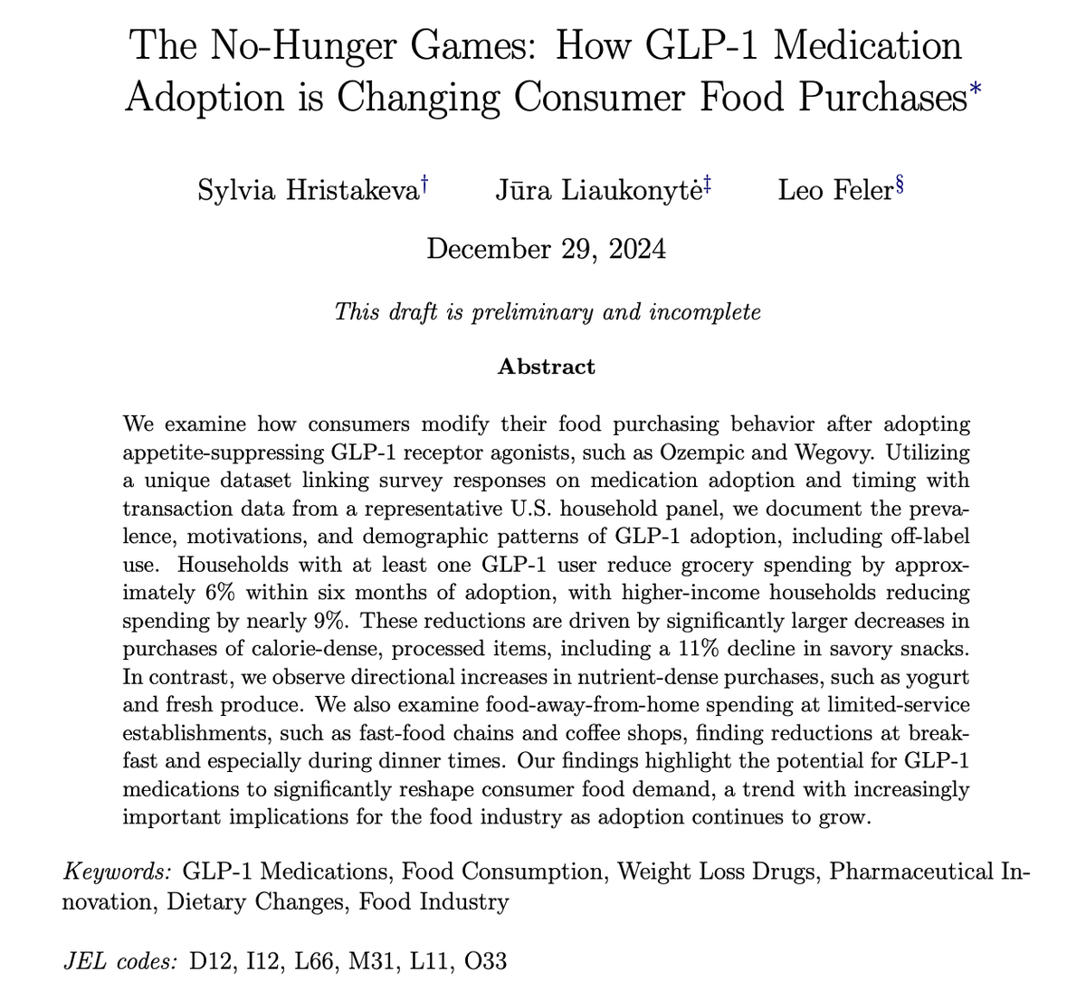 Jūra Liaukonytė (@jurawho) on Twitter photo 🚨Closing out 2024 with new paper with <a href="/hristakevas/">Sylvia Hristakeva</a> and Leo Feler: How GLP-1 medications like Ozempic are reshaping food demand and changing the rules of the game for the food industry. 🚨Closing out 2024 with new paper with <a href="/hristakevas/">Sylvia Hristakeva</a> and Leo Feler: How GLP-1 medications like Ozempic are reshaping food demand and changing the rules of the game for the food industry.